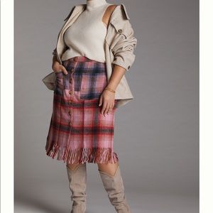 Anthropologie Maeve Plaid Wool Blend Fringed Midi Skirt